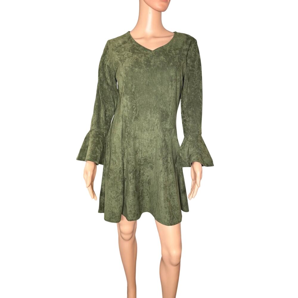 Aryeh for Anthropologie Faux Suede Green Bell Sleeve Dress - Size Medium